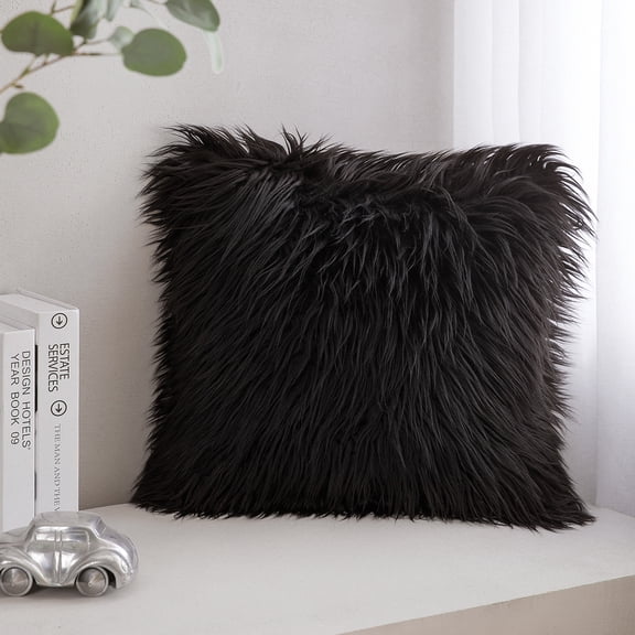Phantoscope Plush Faux Fur Full Throw Pillow with Insert, 18"x18", Black, 1 Pack