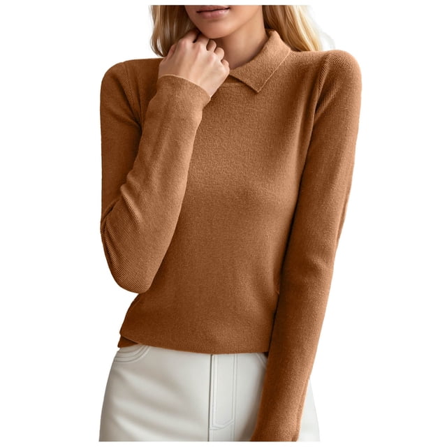 WEAIXIMIUNG Tricot à Col pour Femmes Ajusté Manches Longues Design Chemise Couleur Unie Chandail à Col