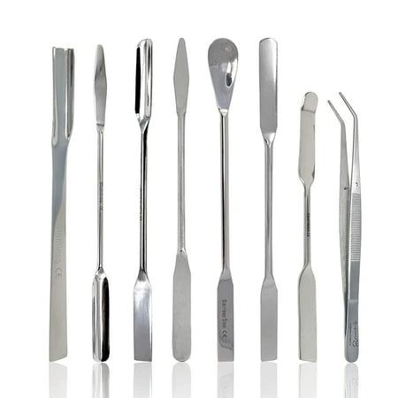 

Scientific Labwares 8 PCS Micro Lab Spatula Sampler Set Stainless Steel Double Ended Multi Purpose Mixing/Filling Spatulas + Tweezer Square Scoop Round & Tapered Arrow End 7 +6 Length