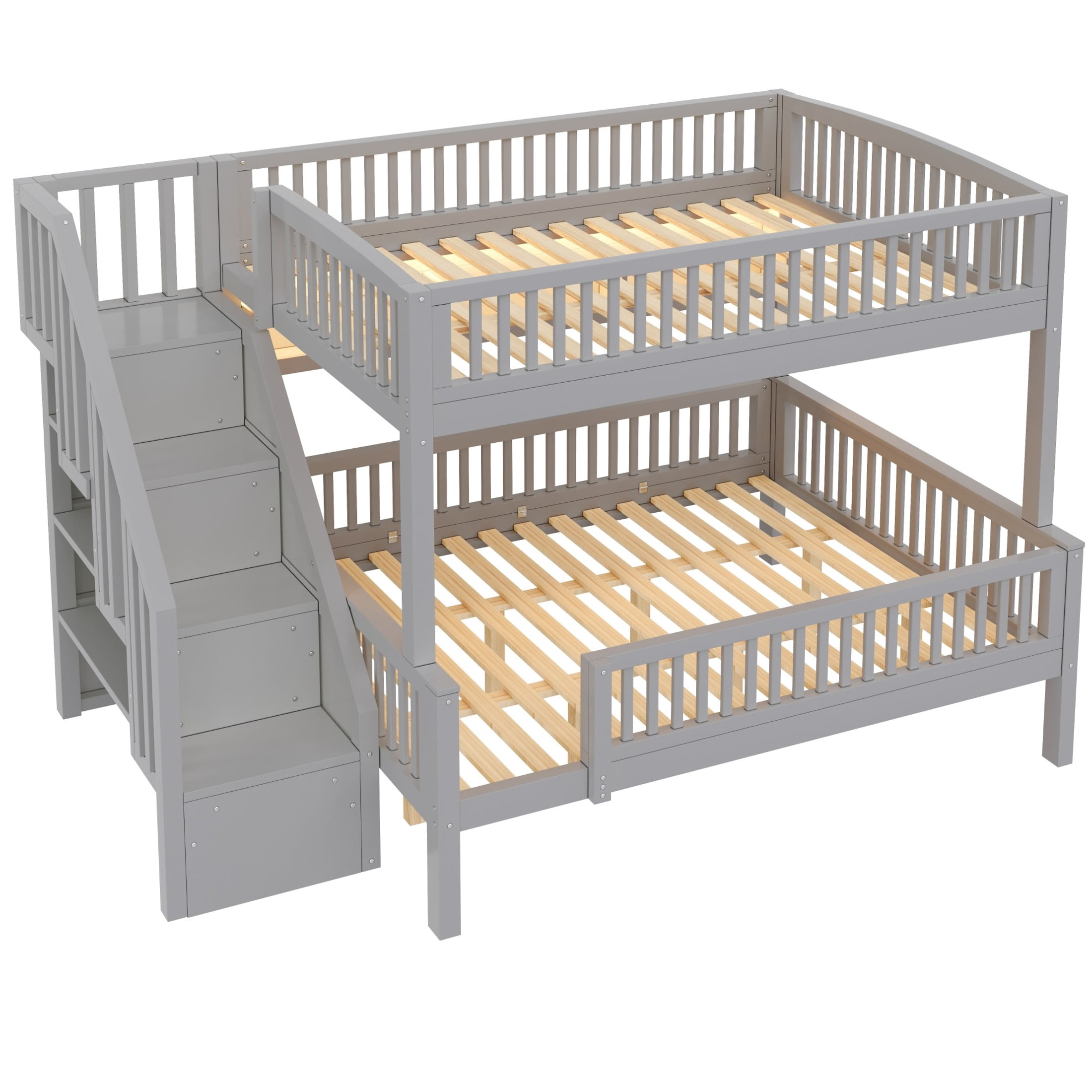 Noble House Dalmor Full XL over Queen Bunk Bed with Storage Staircase & Built-in Bookshelf, Adjustable LED Light, Grey