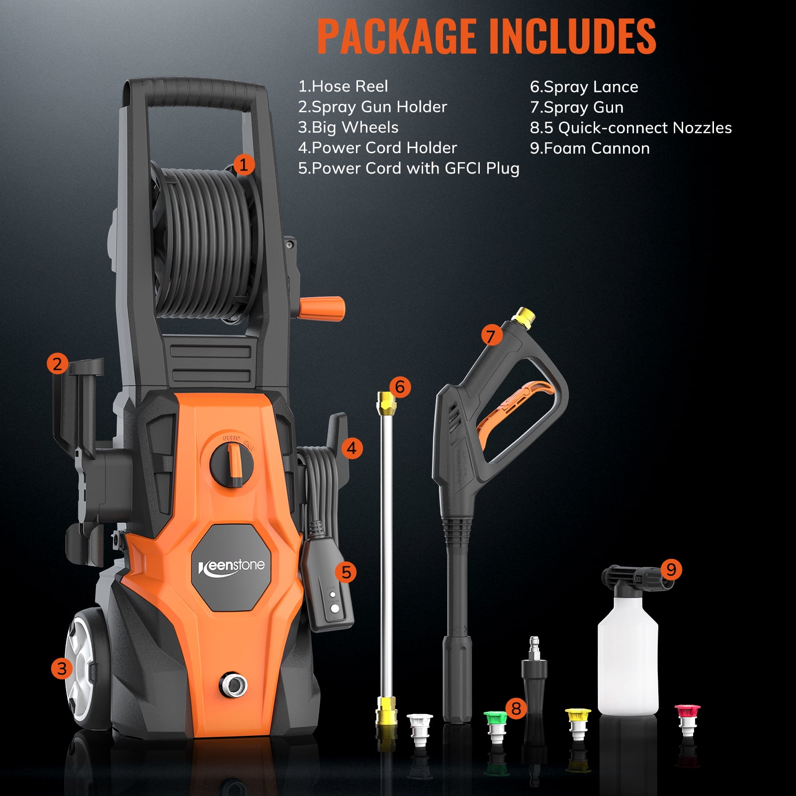 Keenstone Electric Pressure Washer, 4200PSI Max 3 GPM Power Washer with 35FT Power Cord 20FT Hose 5 Nozzles,Soap Cannon for Cars Patios