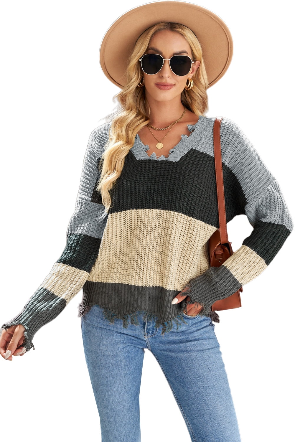 Juniors' Sweater Celebrity Pullover Gray Color Block Distressed Sweater