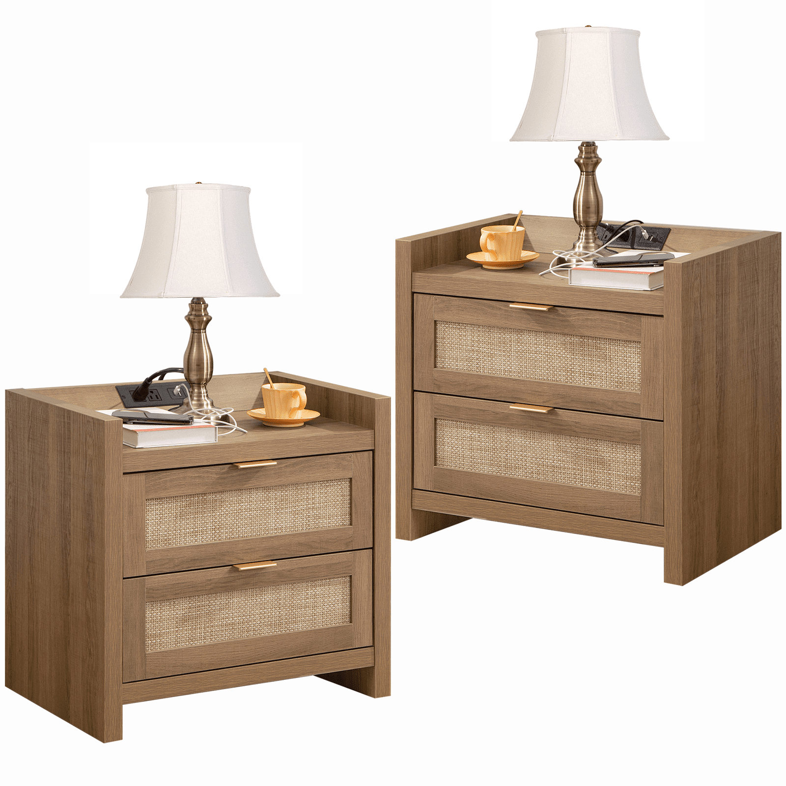 SICOTAS Rattan Nightstands Set of 2 with Charging Station, USB Port