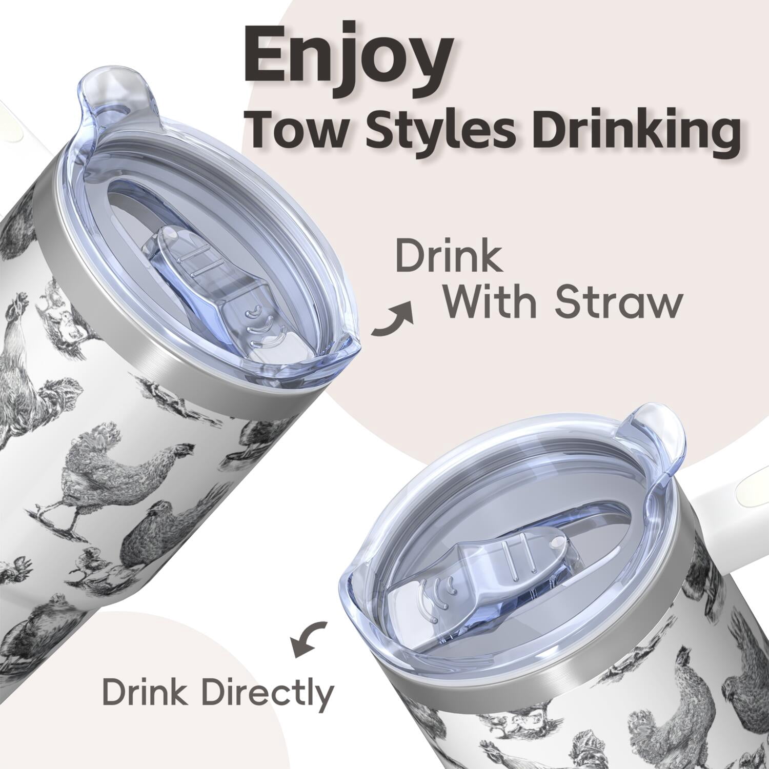 20oz Rustic Chicken Tumbler with Handle Insulated Travel Mug Playful Birthday Christmas Gift for Chicken Lovers Women Men Fits Standard Cup Holders Comfortable Handle Easy to Carry Office Home