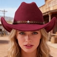 thumbnail image 6 of RUINIXCW Western Cowboy Cowgirl Hat for Women Men Wide Brim Pentagram Leather Belt Fedora Hat Wool Felt Vintage Jazz Hats, 6 of 7