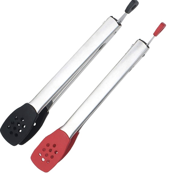 2PCS 11.6 Inch Kitchen Silicone Tongs, Stainless Steel Handles, Anti-Scalding Grill Clip Bread Steak, Retractable - Black Red