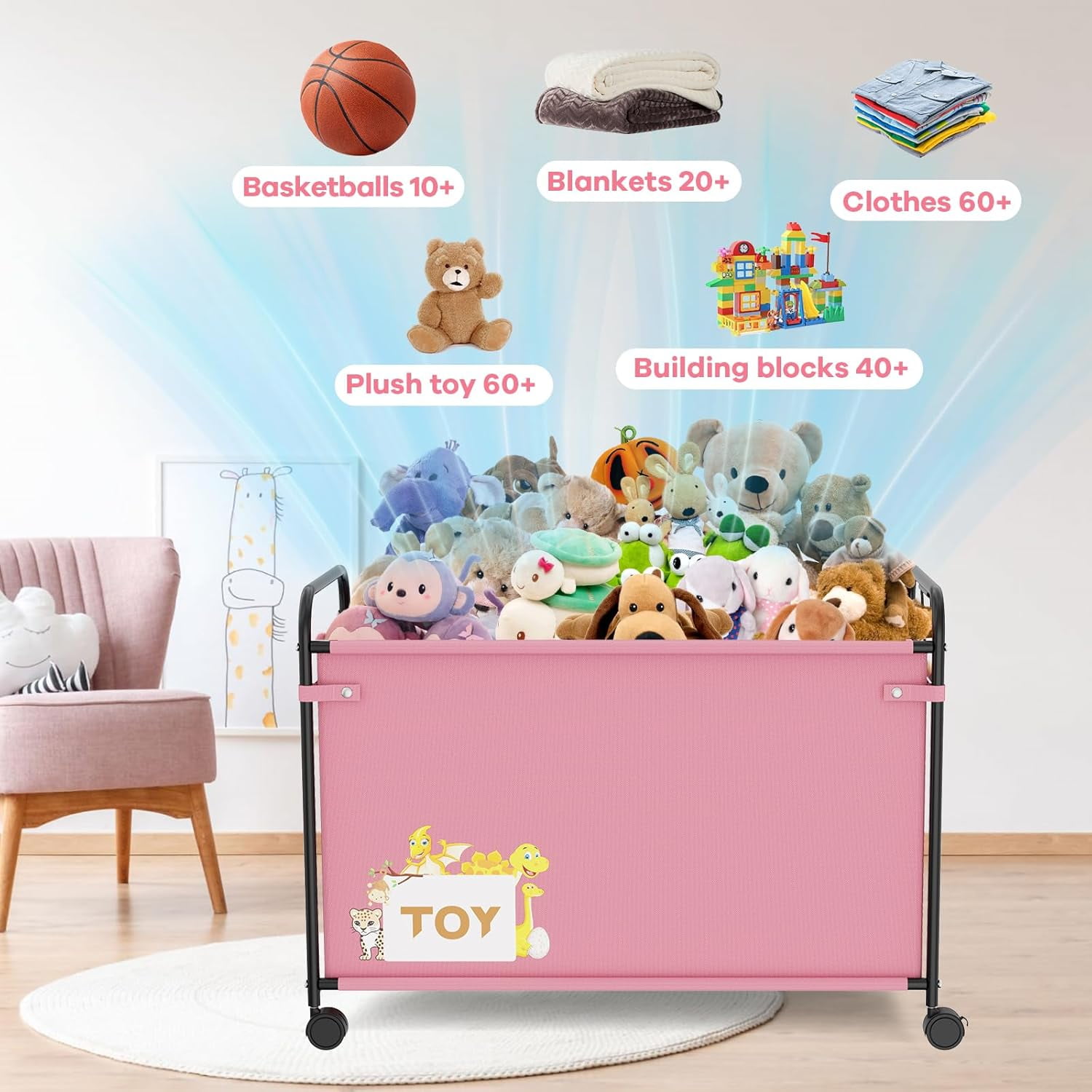 Toy Box Storage, 180L Extra Large Toy Chest with 360° Wheels, Oxford Cloth Metal Toy Box for Boys, Girls, Stuffed Animals, Clothes, Bedroom, Living Room (Pink)