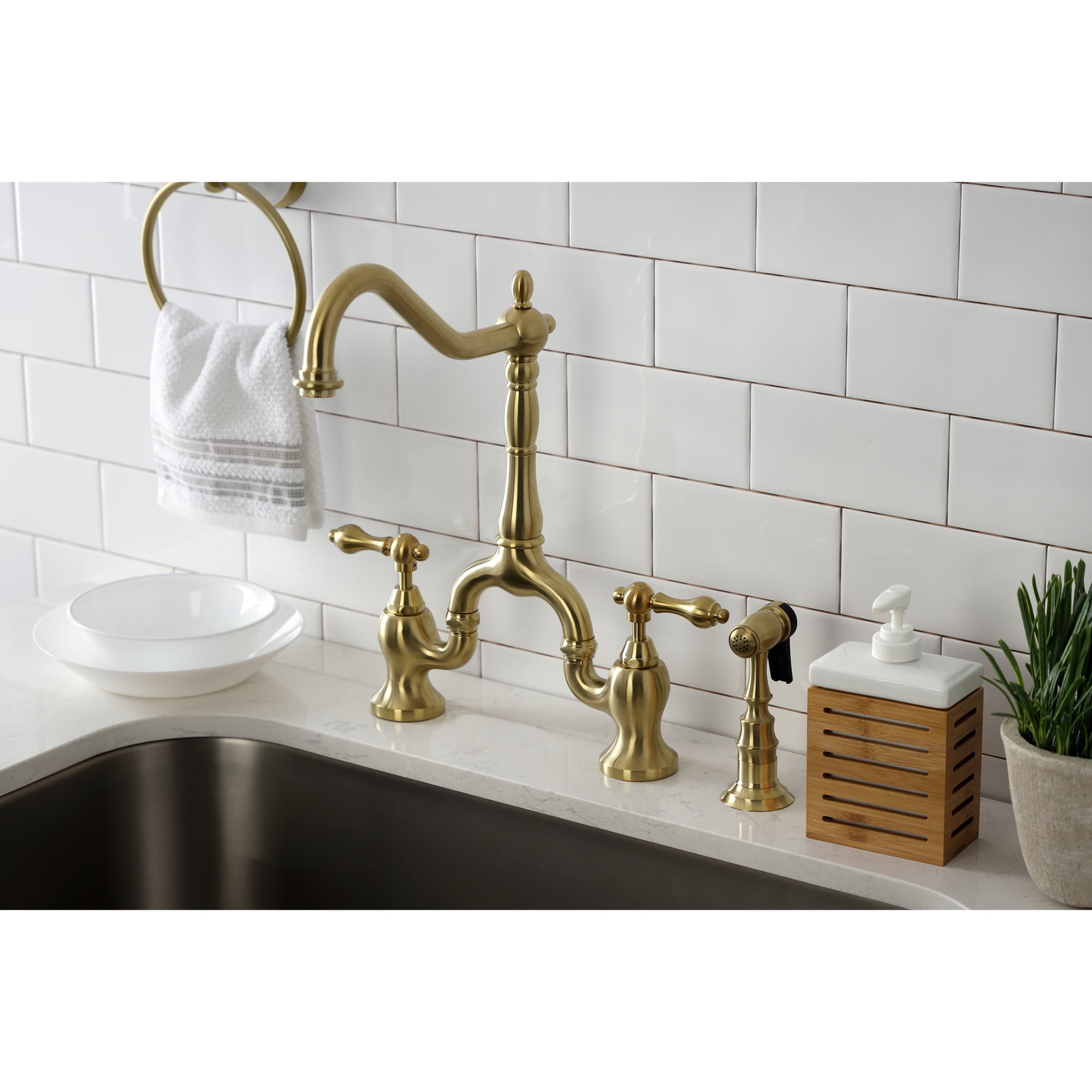 Kingston Brass KS7757ALBS English Country Two-Handle 3-Hole Deck Mount Bridge Kitchen Faucet with Brass Side Sprayer in Brushed Brass