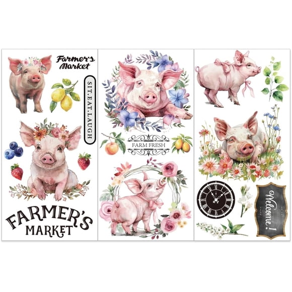 OLYCRAFT 3pcs/Set Farm Pig Rub on Transfer Stickers 5.9x11.8 Inch Self Adhesive Decals PVC Flower Garland Waterproof Decorative Stickers Wall Art Decals for Bedroom Living Room Decoration