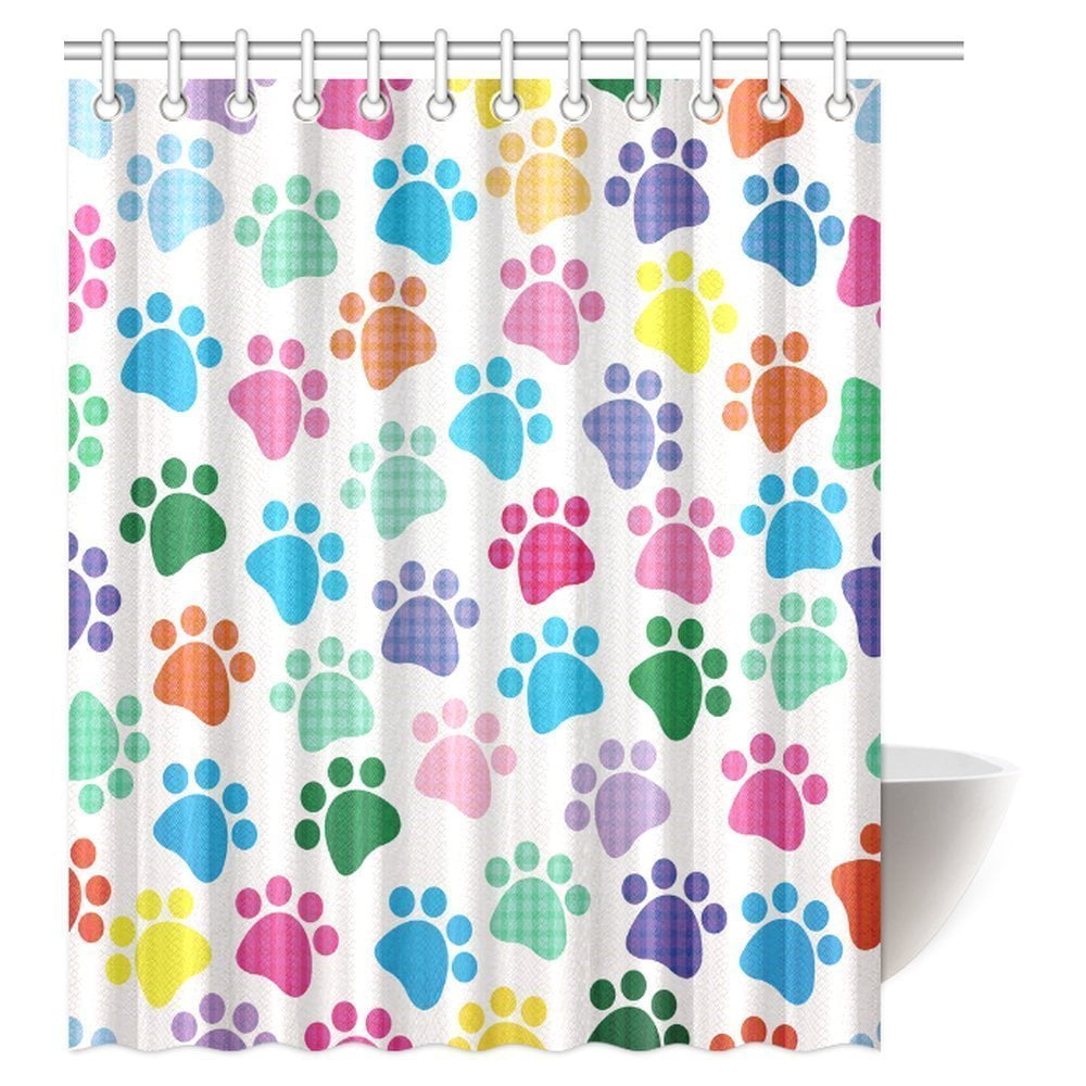 MYPOP Dog Lover Decor Shower Curtain Set, Colorful Little Paws Cute