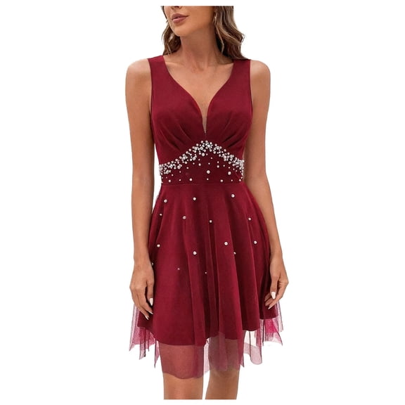 Efsteb A Line Dresses for Women Sleeveless Fashion Pearl Lace Patchwork Ruched Party Dress Solid Color Elegant Dress Loose Spring V-Neck ,Size:S