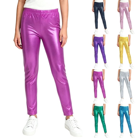 Bixock Girls Shiny Metallic Leggings High Waist Dance Pants with Pockets Kids Soild Color Soft Casual Yoga Pant Performance Activewear Girls Clothings Size 5-6Years
