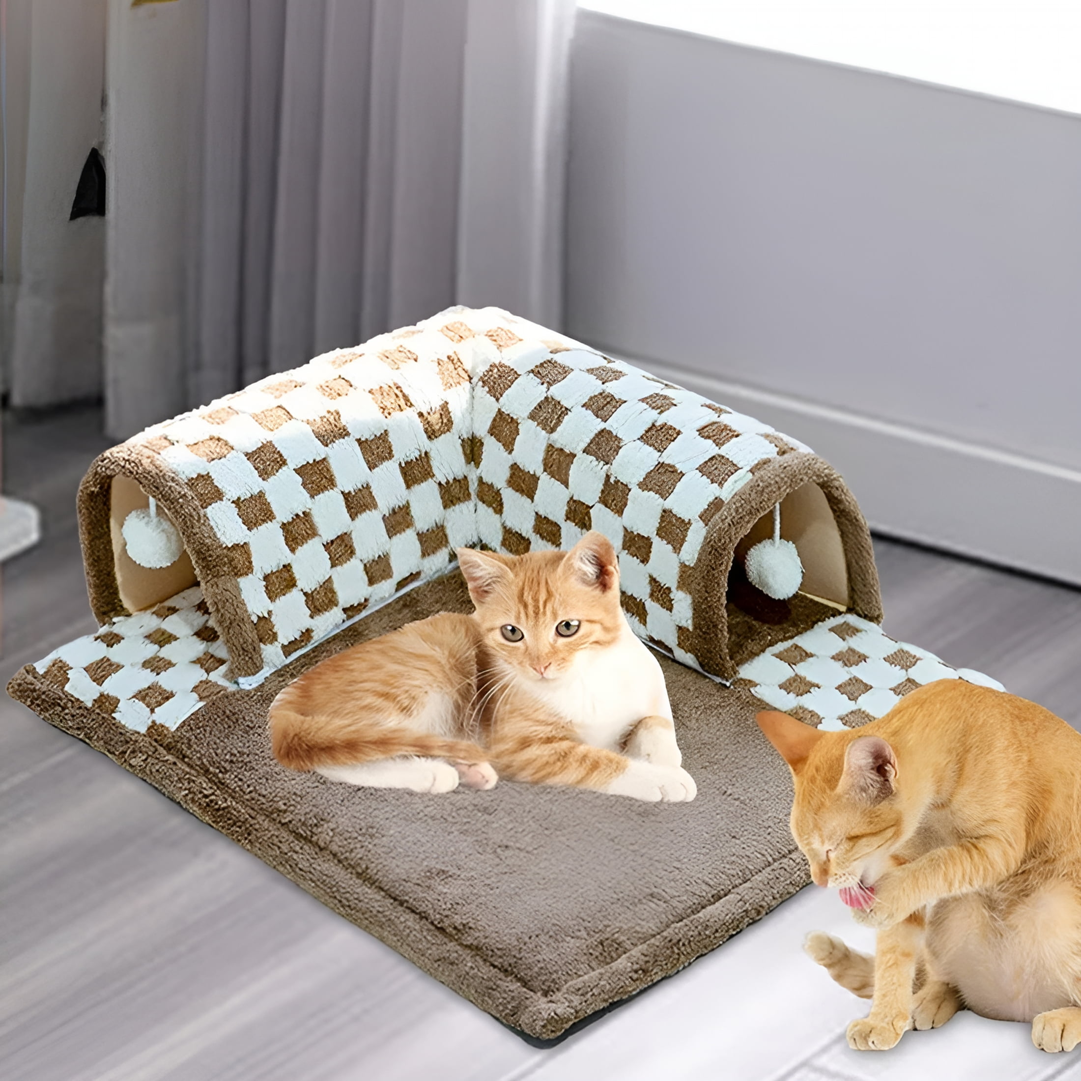 XIBUFE 2026 New 2 in 1 Cat Bed Play Tunnel Cats Play Mat with Playing Ball Toys Kitty Training Play Center Interactive for Indoor Cats Rabbit Brown M Ball Pit for Cats