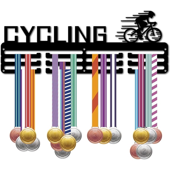 Cycling Medal Hanger Medal Holder Display Rack Wall Mount Frame Shelf Sports Cyclists Medal Holder Metal Hanger for 60 Medals Awards Ribbon Gymnastics Soccer Triathlon 6x15.7Inch(Black) for DIY