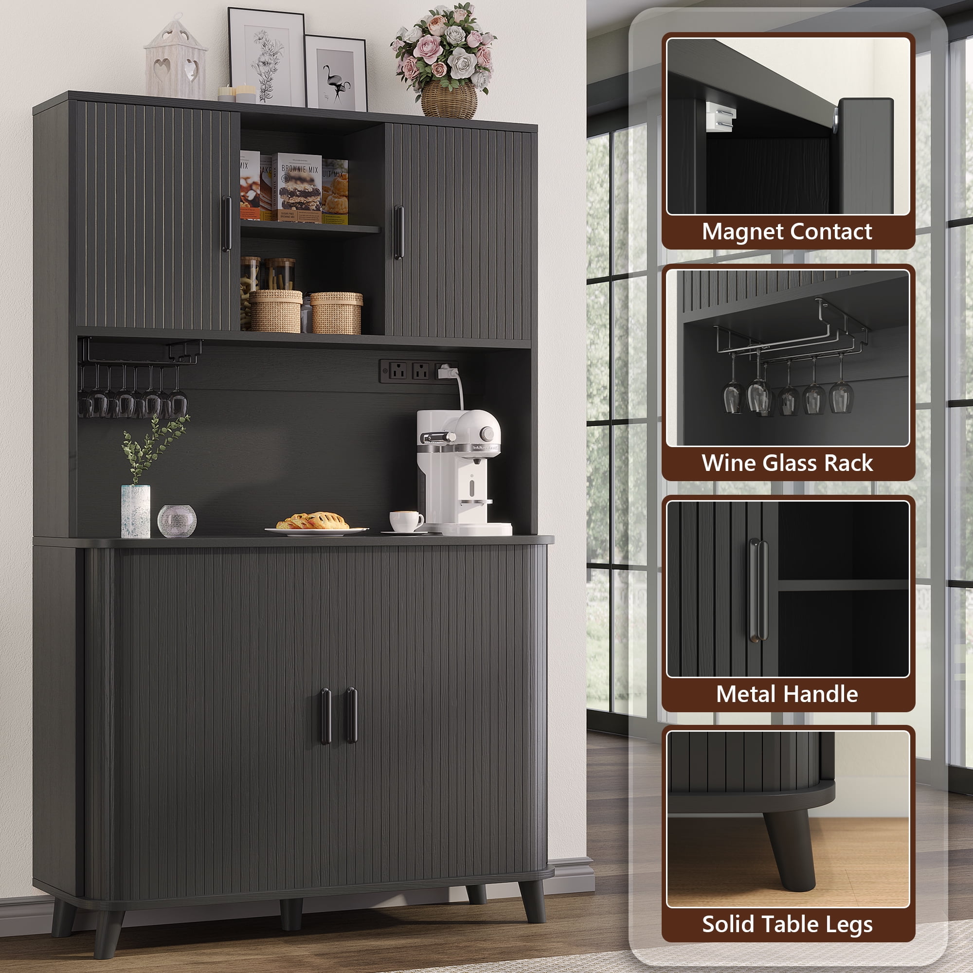 Laintene 39" W Kitchen Pantry Cabinet with Sliding Doors, Tall Storage Cabinet with Charging Station & Adjustable Shelves, Modern Bar Cabinet with Wine Rack for Dining Living Room, Black