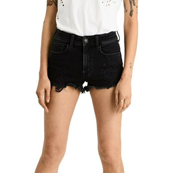 New  American Eagle Womens Black Frayed Lace Midi AE Denim X Jean Shorts Sz 4 6558-6