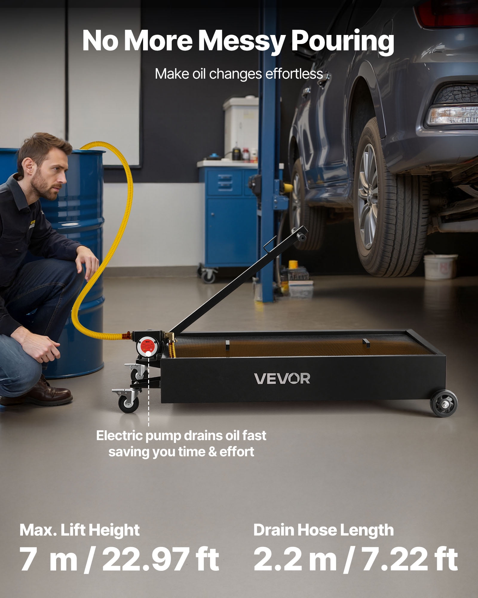 VEVOR Low Profile Oil Drain Pan, 20 Gallon Capacity, Rolling Oil Drain Pan with Electric Pump & 7.2 ft Hose, Leak-proof & Corrosion-resistant, Fit for Cars, SUVs, Trucks, Motorcycles, ATVs, Metal