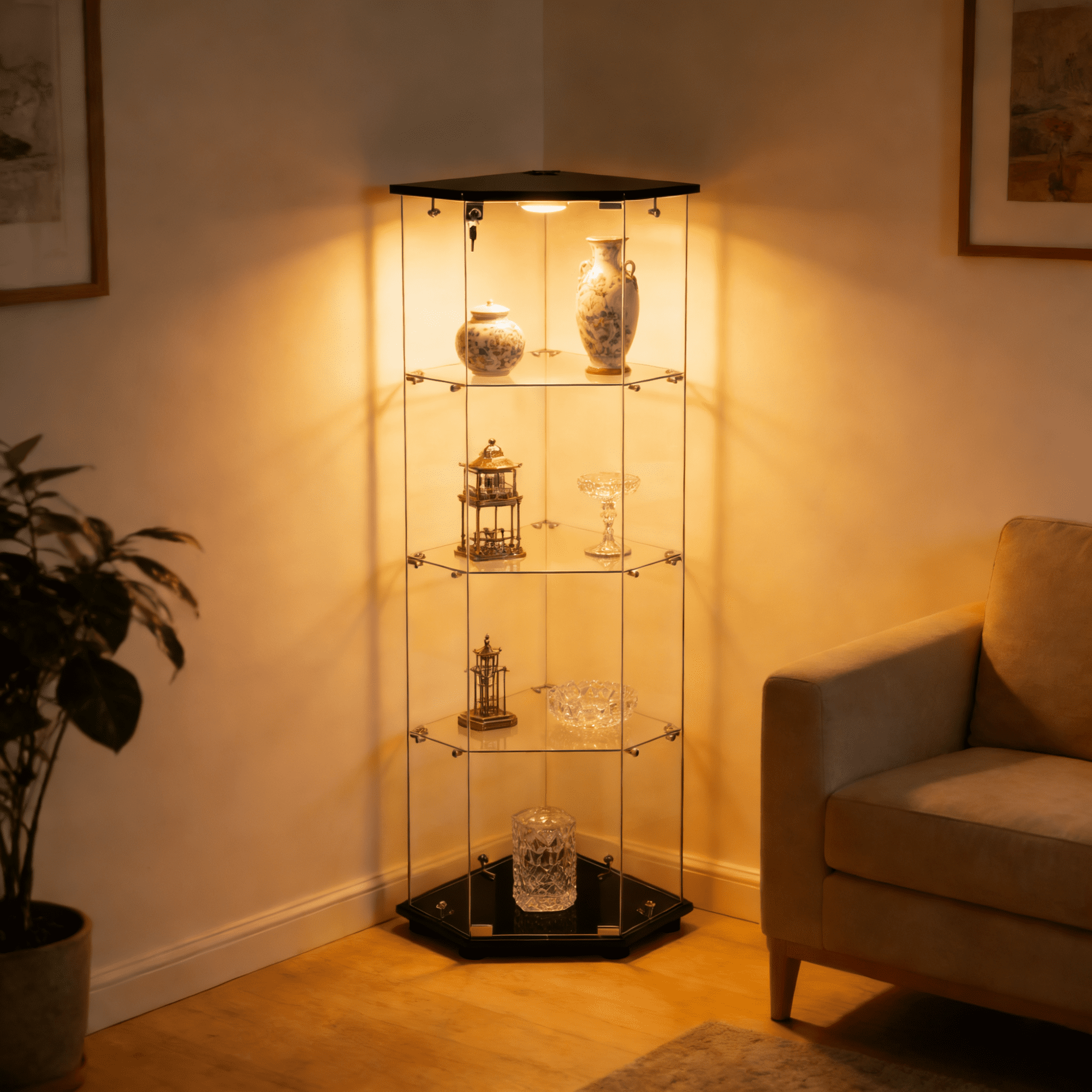 4-Tier Glass Display Cabinet with Glass Doors,Corner Storage Cabinet,Curio Cabinet & Bookshelf, Collection Showcase for Home Office,Black