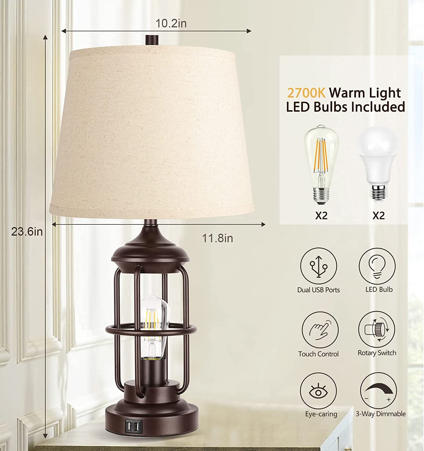 Partphoner Farmhouse Rustic Nightstand Lamp Set of 2 with USB Ports, Touch Control 3-Way Dimmable