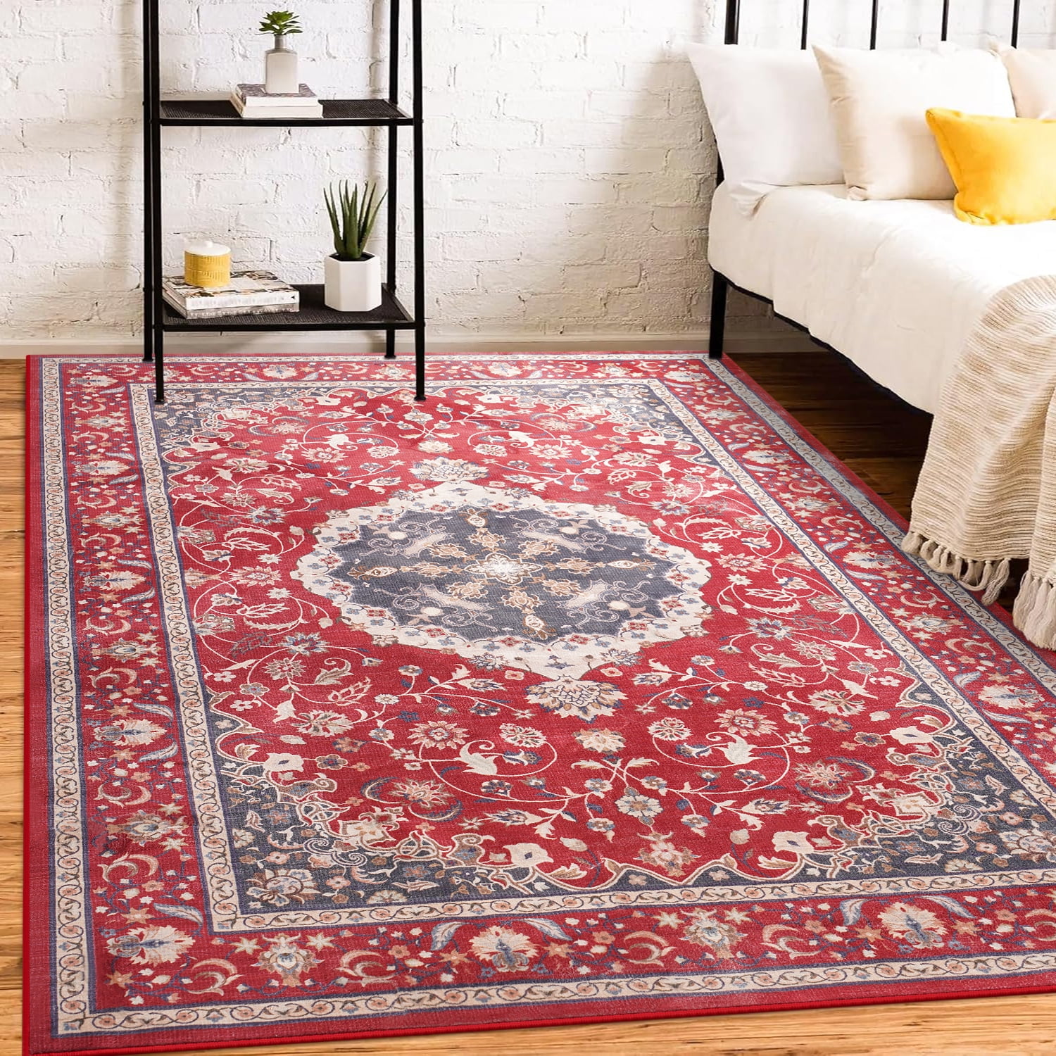 Jamfeel Area Rugs Vintage Floral Printed Washable Non-Slip Carpets Foldable Thin Low Pile Rug for Living Room Bedroom 8'x10' Red