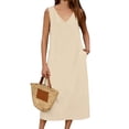 thumbnail image 3 of CHGBMOK Women Tank Dresses V Neck Sleeveless A-line Dress Solid Linen Loose Casual Maxi Dress with Pockets, 3 of 8