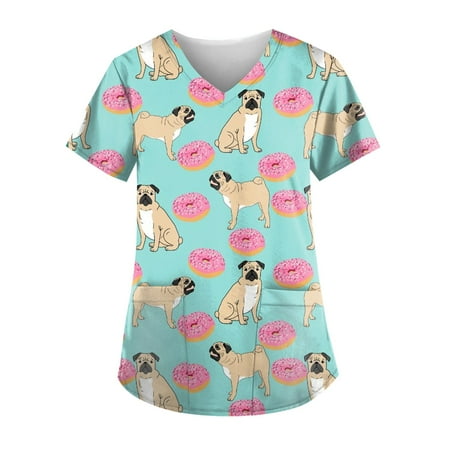 

CHMORA Scrub Top Women Lace-up V Neck Cartoon Pattern Tops Nursing Working Uniform Short Sleeve T-Shirts(Light Blue 4XL)