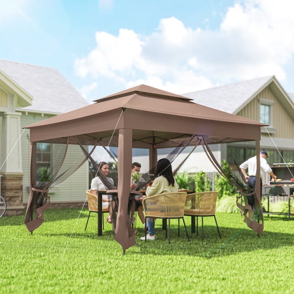 Outsunny 10.7' x 10.7' Pop Up Gazebo Outdoor Canopy Shelter with 2-Tier Soft Top & Removable Zipper Netting, Event Tent with Large Shade, Brown