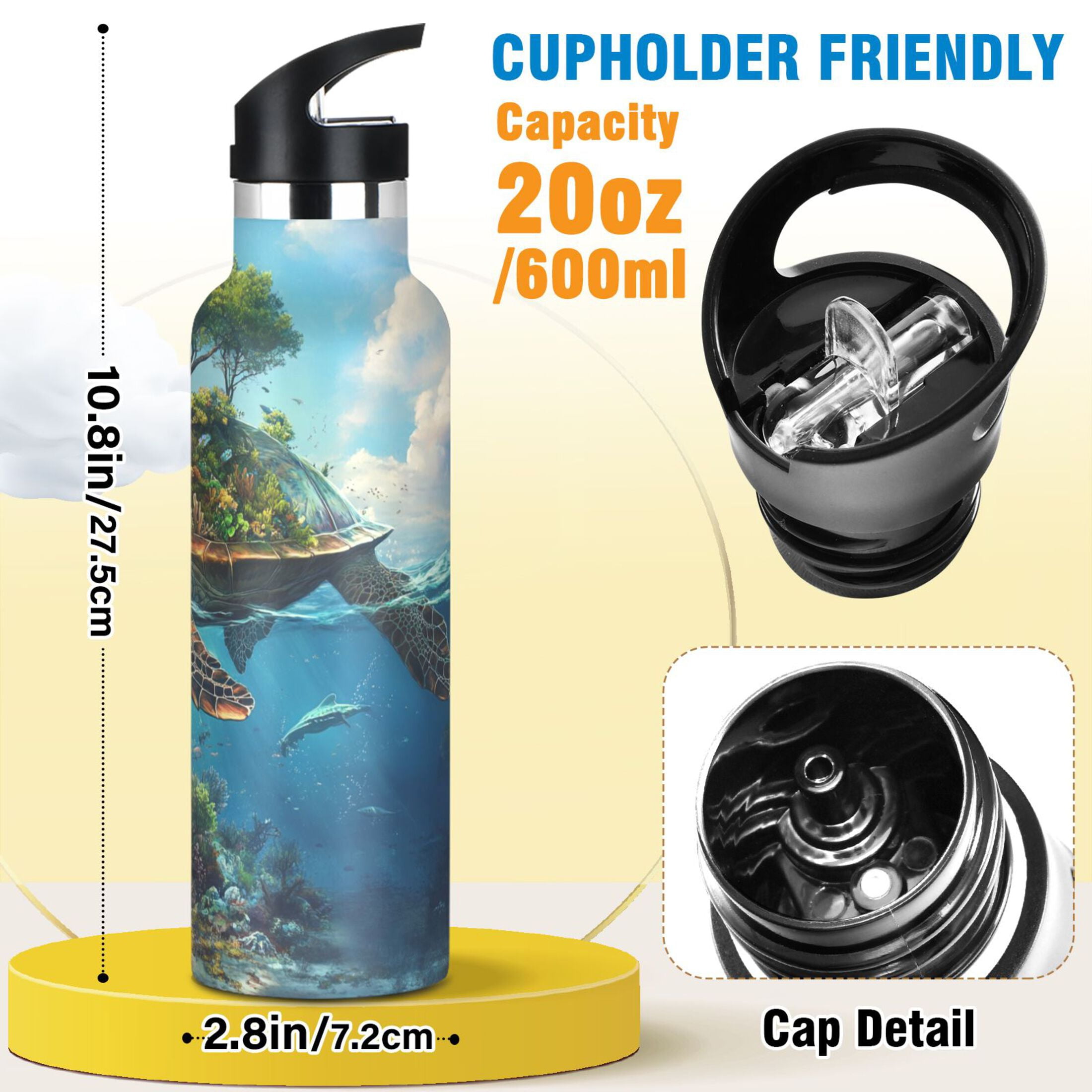 Kids Insulated Stainless Steel Sports Water Bottle 600ml (20oz) Sea Turtle Carrying Island