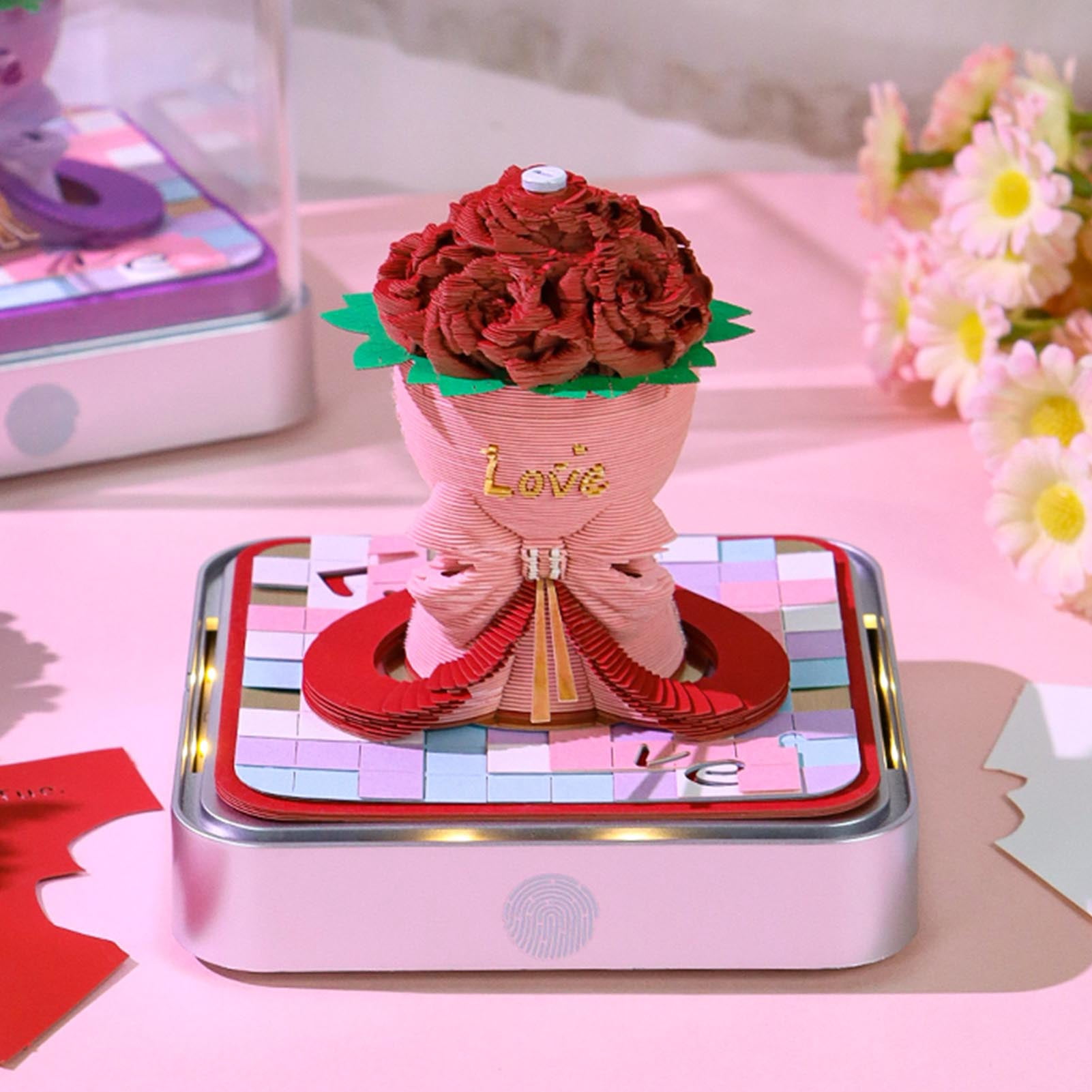 Yajisi Rose Bouquet 3D Memo Pad with Light, 2026 Calendar, Paper Carving Hand Tear Art Notepad Sculpture for Desktop Decor Birthday Gift, Red (3.86x3.86x3.66 in / 9.8x9.8x9.3 cm)