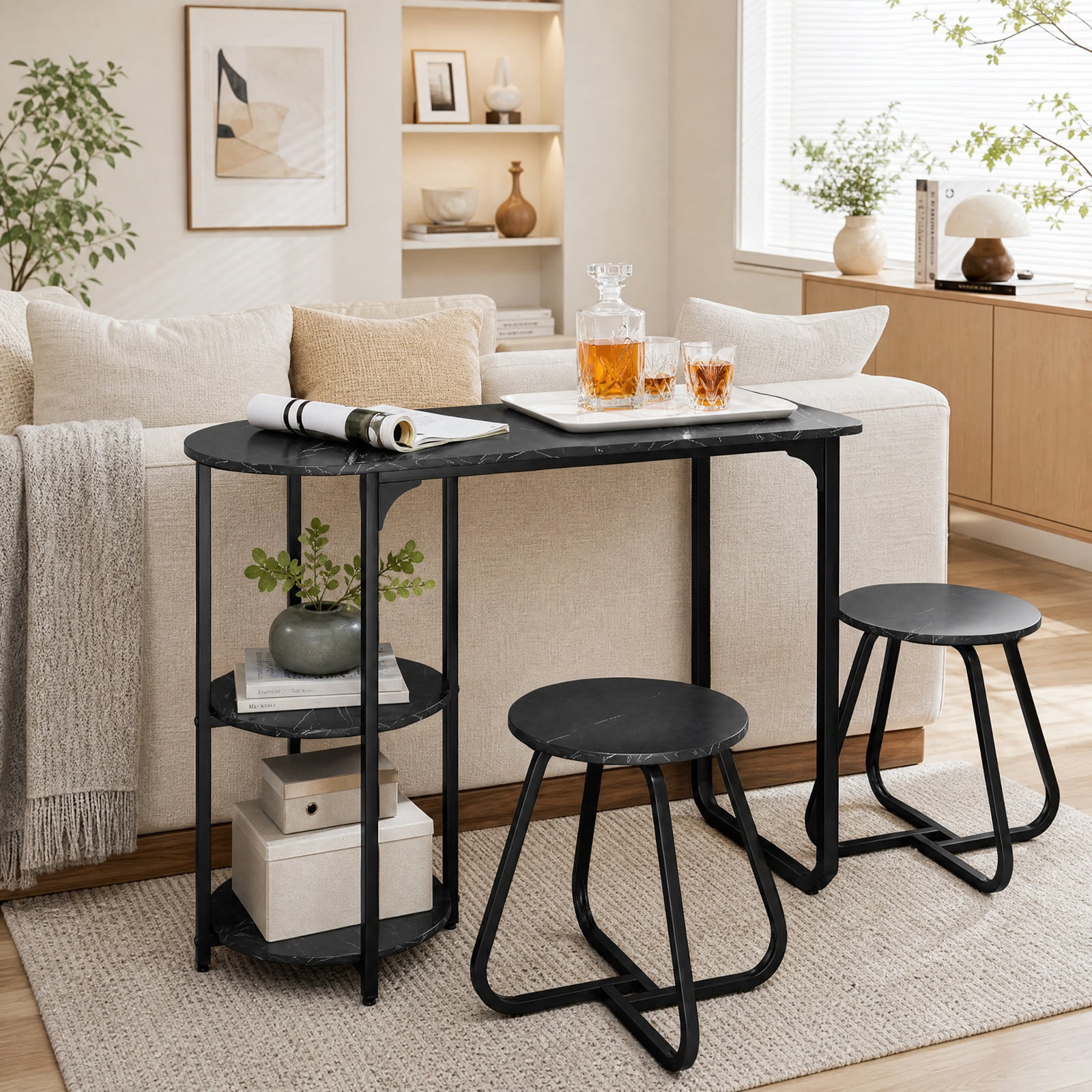 Furnibear 3 Piece Industrial Dining Table Set for Small Space with 2 Stools and Side Shelves for Kitchen and Apartment, Black