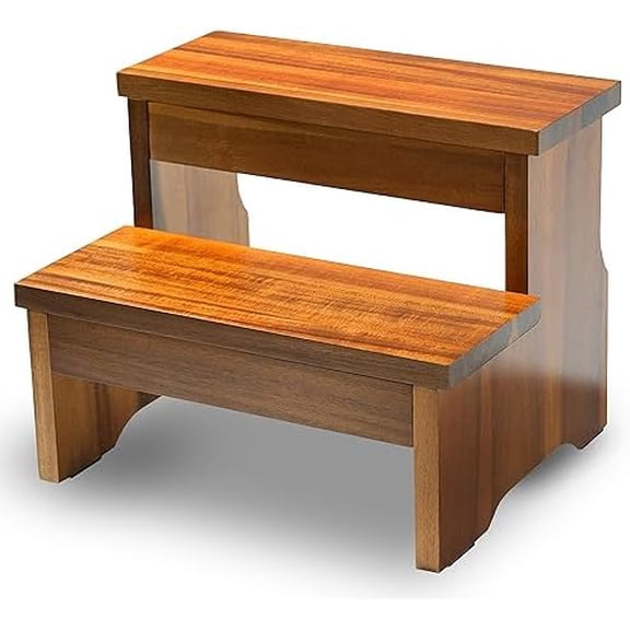Wooden Two Step Stool, Heavy Duty 2-Step Ladder for Adults & Kids, Supports up to 450lbs for Kitchen, Bathroom or Bedside Use (Acacia Wood)