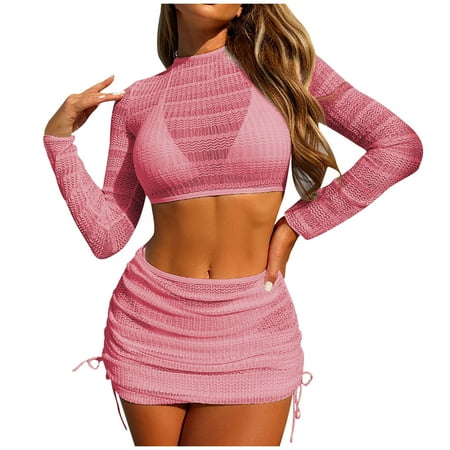 Uaswgudfs Women s Two-Piece Swimsuit Set with Crop Top & High-Waisted Mini Skirt with Side Drawstrings - Mesh-Textured Stretch Design Pink M