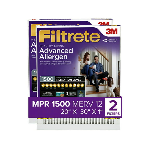 Filtrete 20x30x1 Air Filter, MPR 1500 MERV 12, Advanced Allergen Reduction, 2 Filters