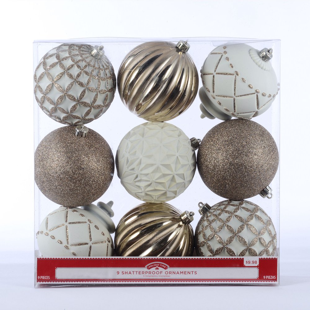 Holiday Time Round Shatterproof Ornaments, Champagne, Gold, and White