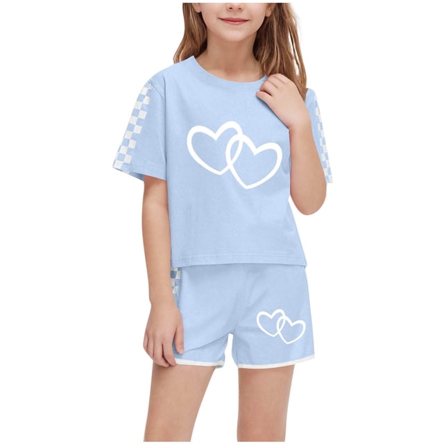 Zpanxa Ensembles d'Été pour Filles Mode Décontractée Manches Courtes Col Rond Col Bouton Imprimé Ensembles de Shorts 5 Ans