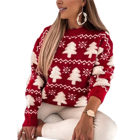 Women Christmas Sweater Vintage Funny Plus Size Festive Cute Pullover Knitted Top Shirt Red M