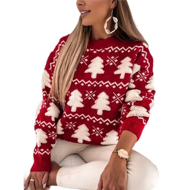 Suéter Navideño Vintage para Mujer, Divertido, Grandes, Festivo, , de Punto Rojo S