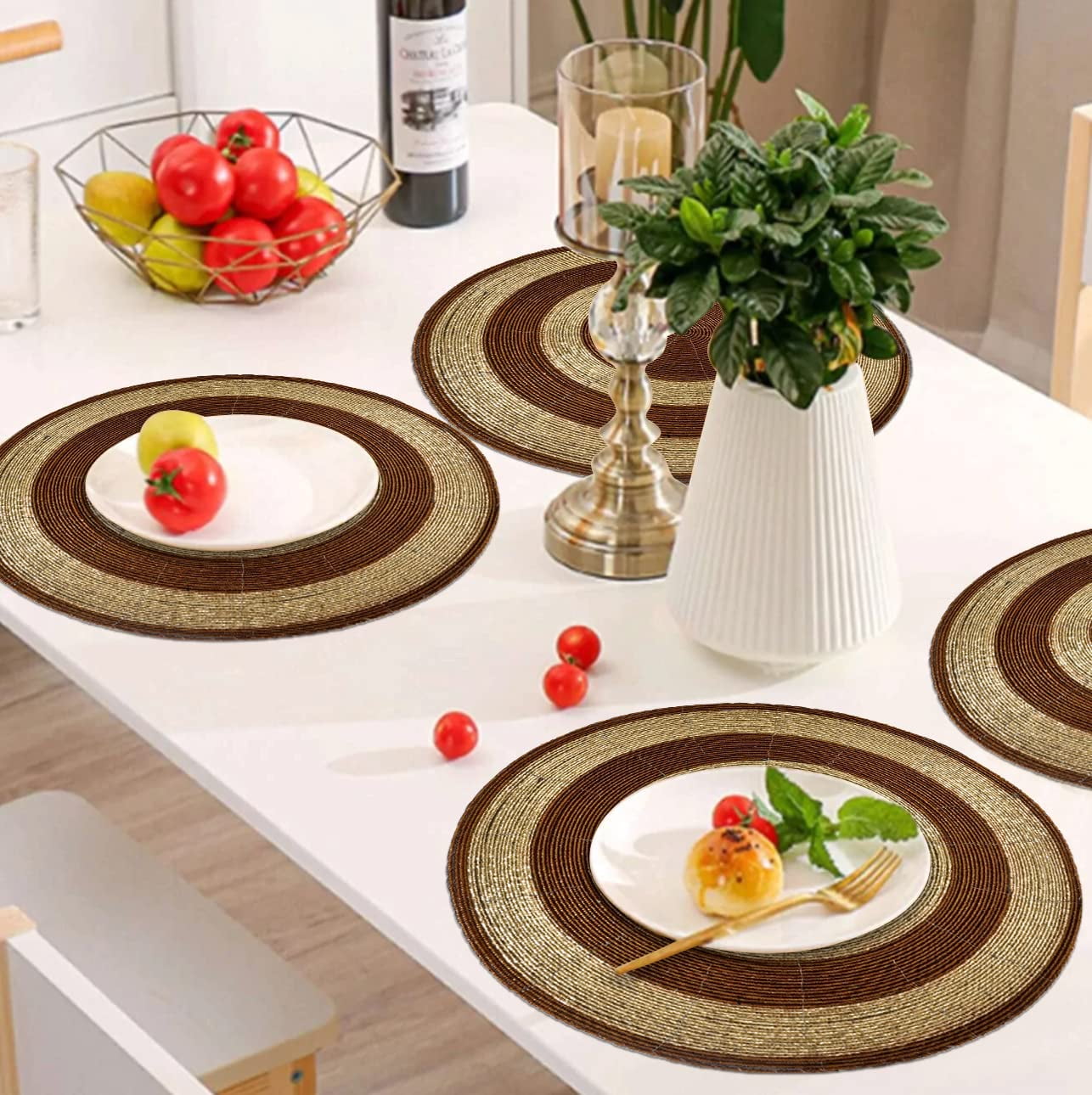 Beaded Placemats Set of 8 for Dining Table, Table Placemats, 14 Inches Round - Brown Gold