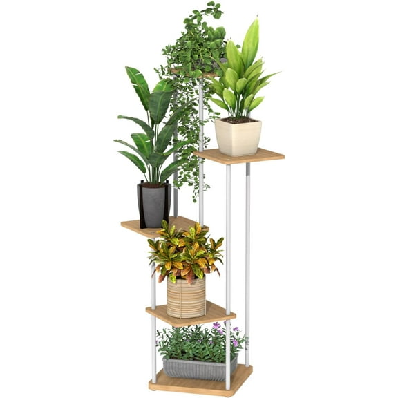 5-Tier Plant Stand, Indoor Flower Shelf for Multiple Plants, Tall Metal Flower Holder, Corner Plant Shelf Display Rack for Patio Balcony Bedroom Living Room Garden, White Walnut