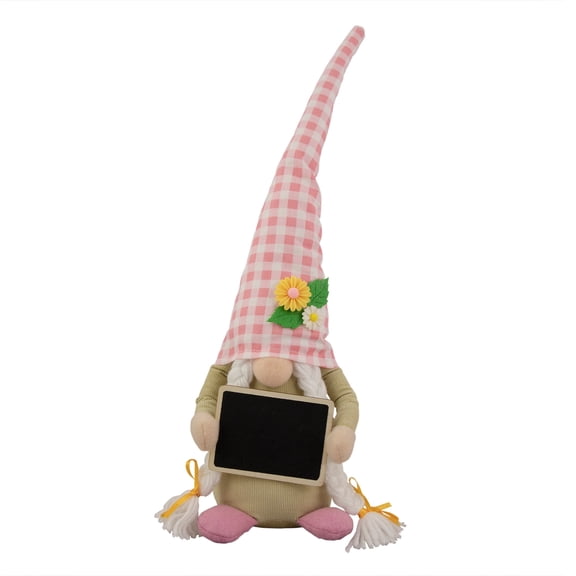 Northlight 16" Pink Gingham Plaid Springtime Gnome with Chalkboard