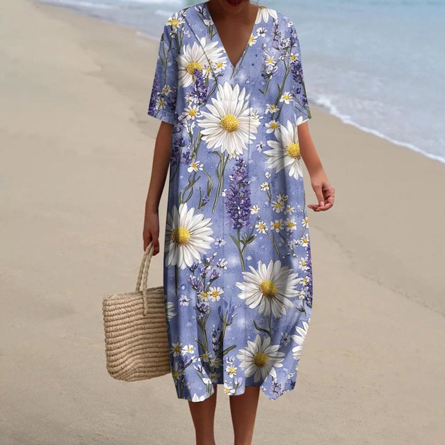 Ovzne Robes pour Femmes 2025 Robe Femmes Été Poches Imprimées Robes Amples Col en V Manches Courtes Robes de Vacances Manches Courtes Imprimées Liquidation