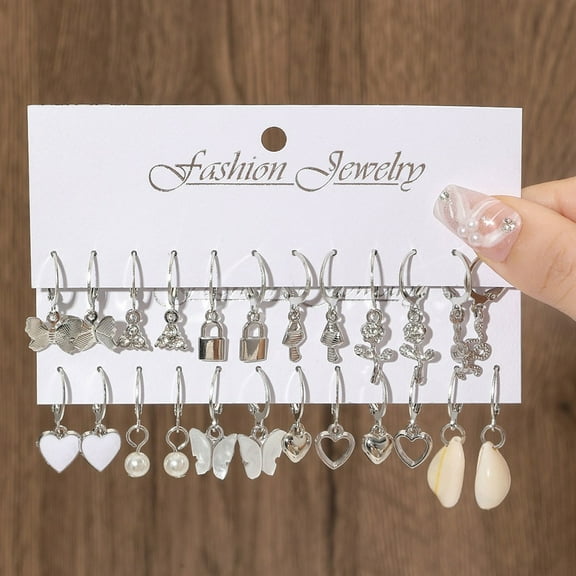 12 Pairs Of Heart-Shaped Pearl Lock Snake Butterfly Personalized Earring Set