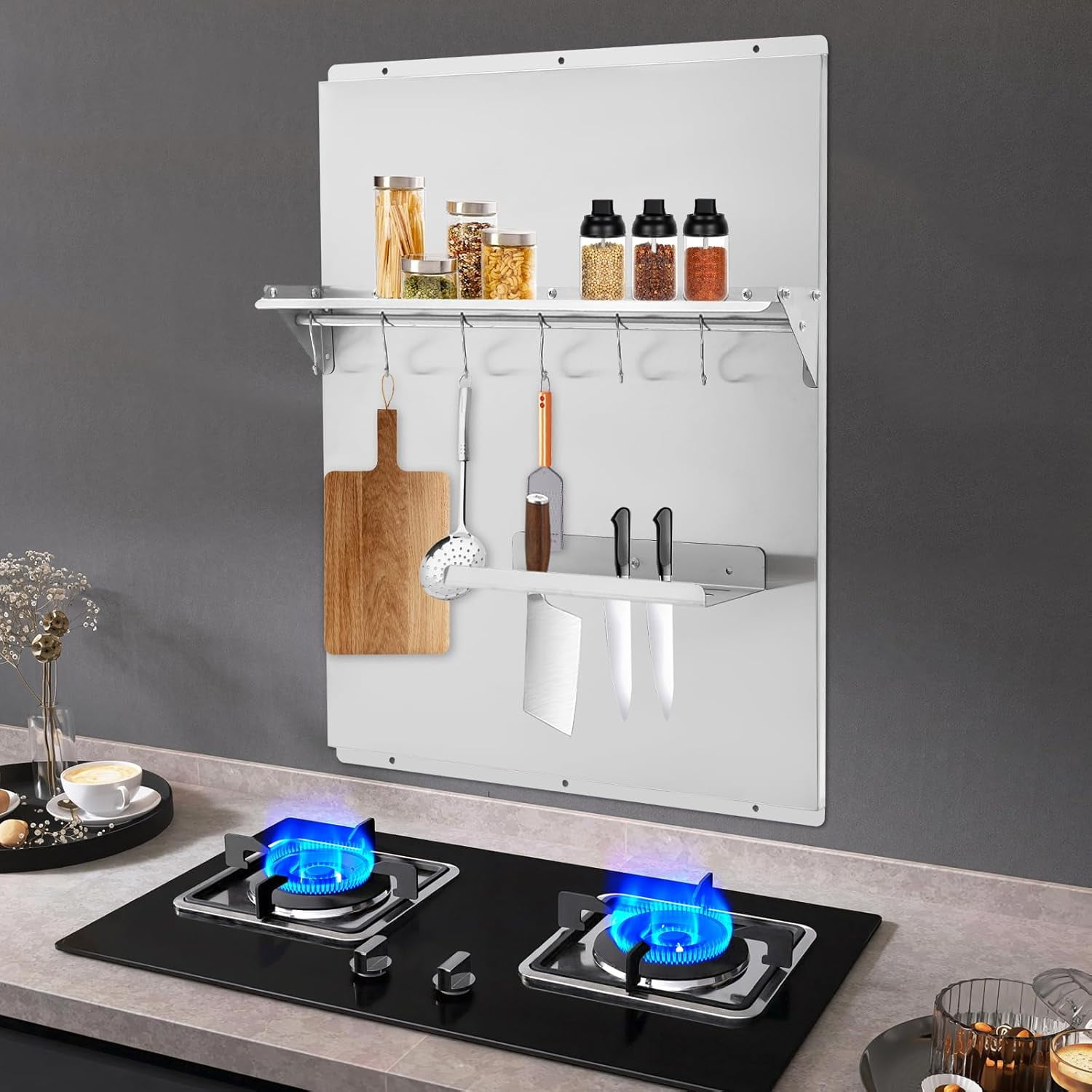 Range Backsplash Stainless Steel Backsplash w/Shelf&6 Hooks 24"x30" Range Hood Backsplash for Home Commercial Kitchen Silver