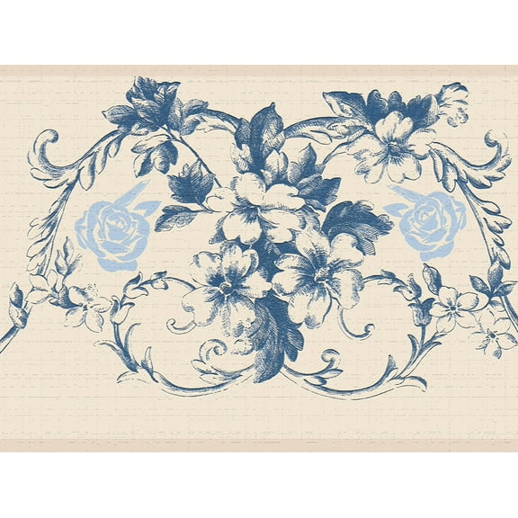 Dundee Deco's Peel and Stick Wallpaper Border - Damask Blue Vines Flowers Scrolls Wall Border Retro Design, 15 ft x 7 in, Self Adhesive