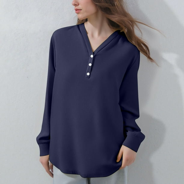 Ailaofu Womens Tops Business Casual Long Sleeve Button V Neck Henley Shirts Fall Trendy Loose Work Office Blouse