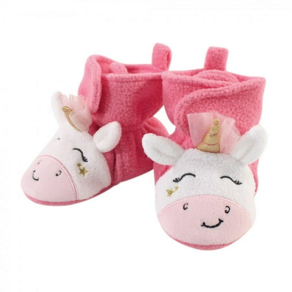 Hudson Baby Infant and Toddler Girl Cozy Fleece Booties, Pink Star Unicorn, 0-6 Months