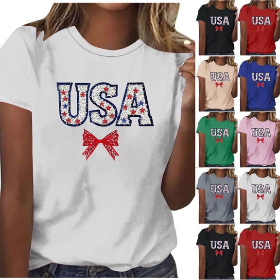 Hilenly 4th of July Outfits for Women USA Patriotic Shirts Short Sleeve Summer Tops Graphic Tee