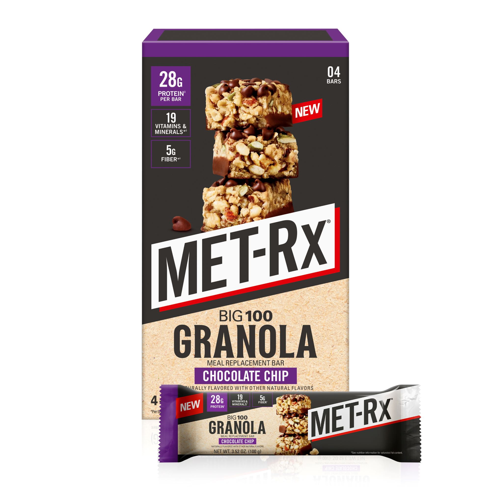 MET-Rx Big 100 Protein Bars, Granola Chocolate Chip Meal Replacement Bars, 4 Ct