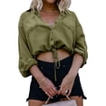 thumbnail image 2 of Women'S Cropped Denim Shirt Roll Up 3/4 Sleeve Casual Loose Drawstring Hem Button Front Jean Jacket Olive Color XXL, 2 of 9