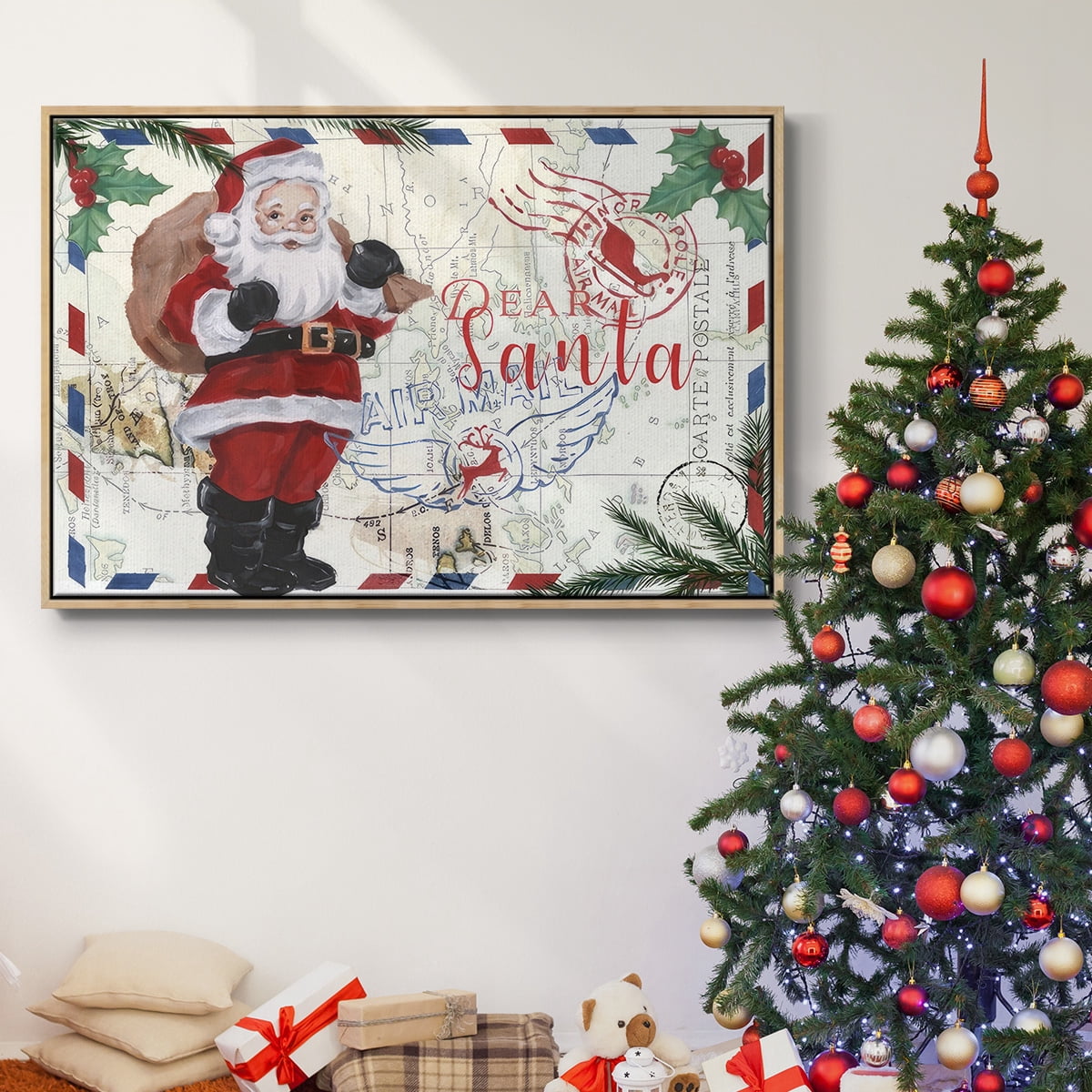 Christmas Par Avion Collection A - Framed Gallery Wrapped Holiday Canvas - 27 x 41 - Natural Wood Frame